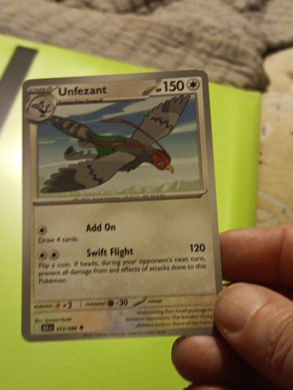 Pokemon Unfezant Card - Gray, Red, Green Artwork